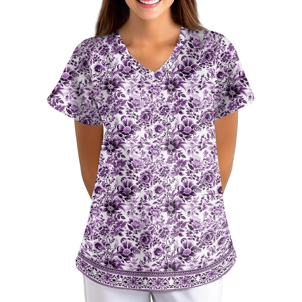 Women's Floral Print Loose Fit V Neck Short Sleeve Work Scrub Top with Pockets for Healthcare Professionals Nursing Uniform