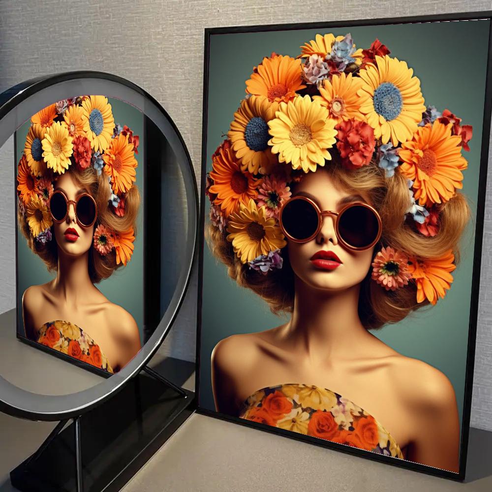 Nordic Bohemian Glasses Woman with Flowers Canvas Poster Bird Woman Portrait Wall Art Prints for Living Room Bedroom Home Decor