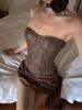 Women's Coffee Lace Embroidered Strapless Camisole with Padded Bust and Cinched Waist
