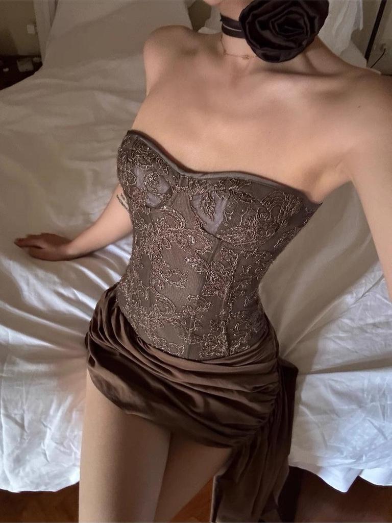 Women's Coffee Lace Embroidered Strapless Camisole with Padded Bust and Cinched Waist