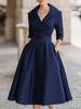 Deep Blue V-Neck Lapel Collar A-Line Midi Dress with Pockets