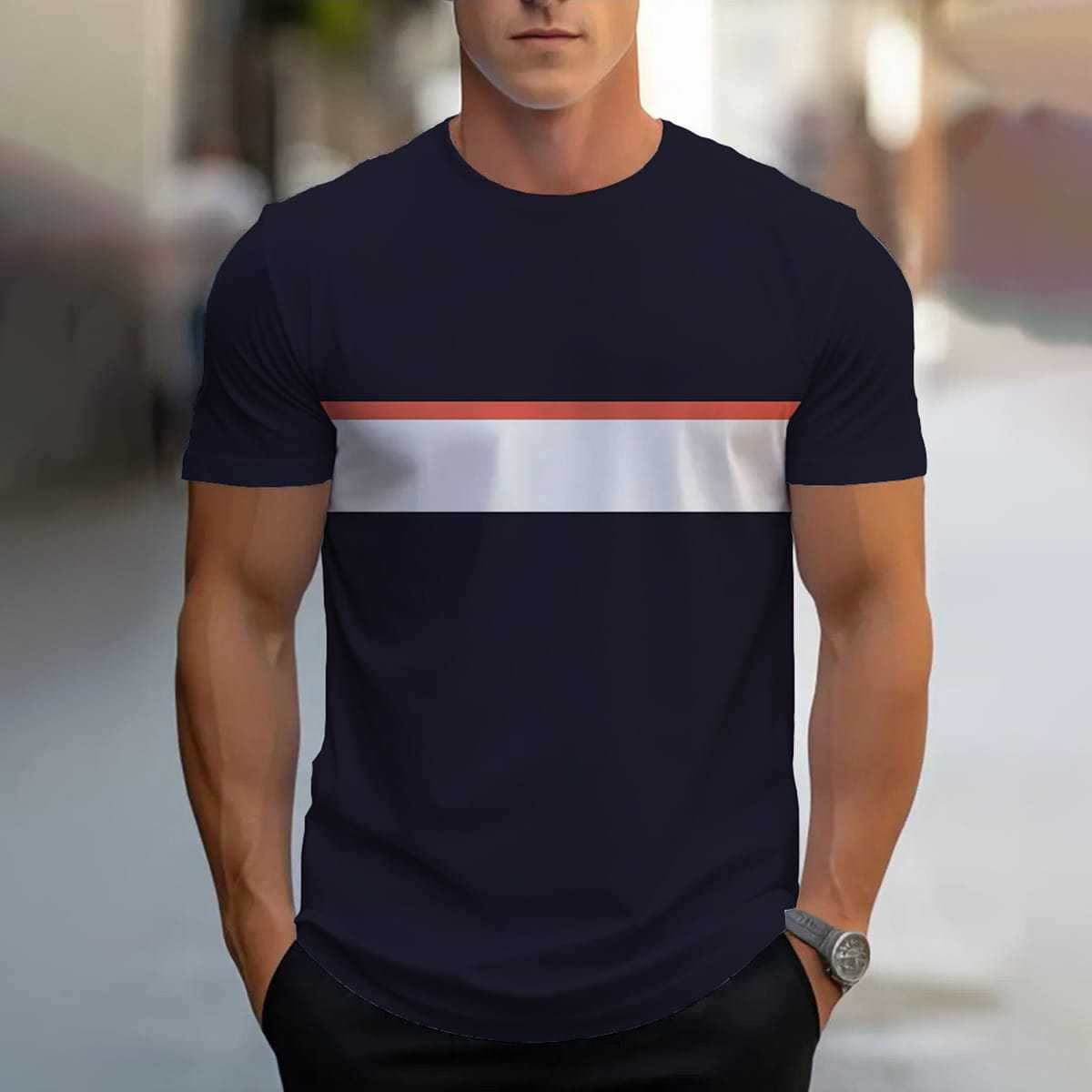 

Summer Round Neck 3D Print Top Fashionable Casual Color Blocked Stripes Short Sleeved Men s T-shirts S