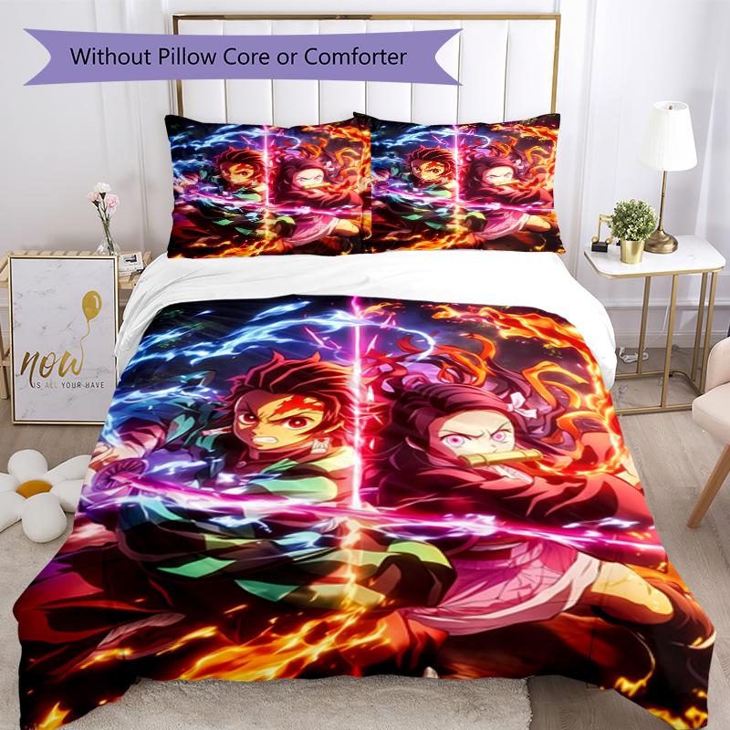 3pcs Demon Slayer Characters Pattern Bedding Set Duvet Cover Set Includes Duvet Cover &pillowcases, Perfect All Season Bedroom Decoration & Gift