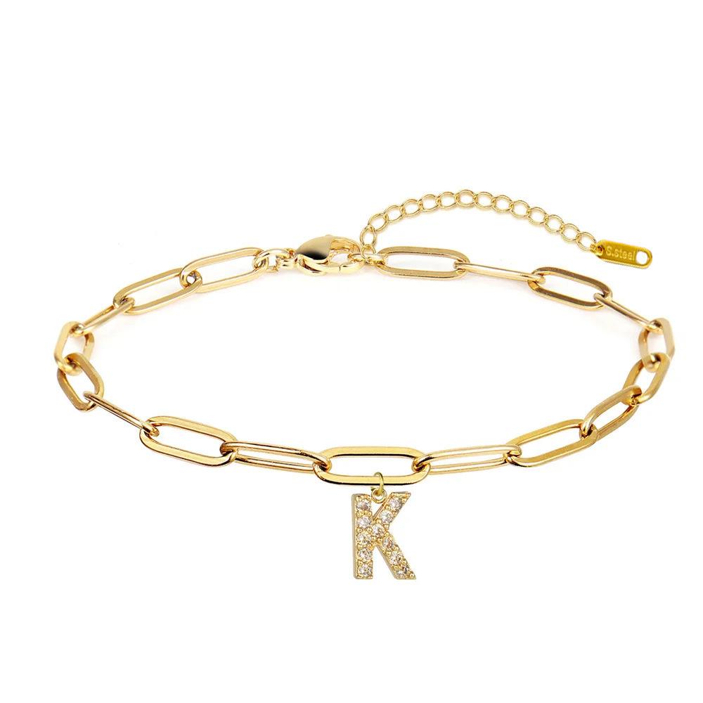 

European & American English 26-Letter Paperclip Chain Bracelet, Stainless Steel, French Retro Court Style with Layered Wear & Inlaid Zircon