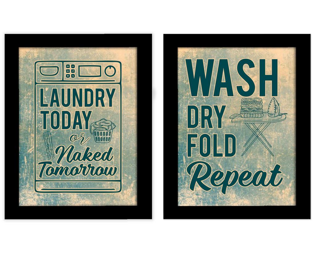 Inkdotpot 2 Piece Laundry Signs for Laundry Room Decor Wash Dry Fold Repeat Poster With Frame, Laundry Room Wall Art Signs Framed