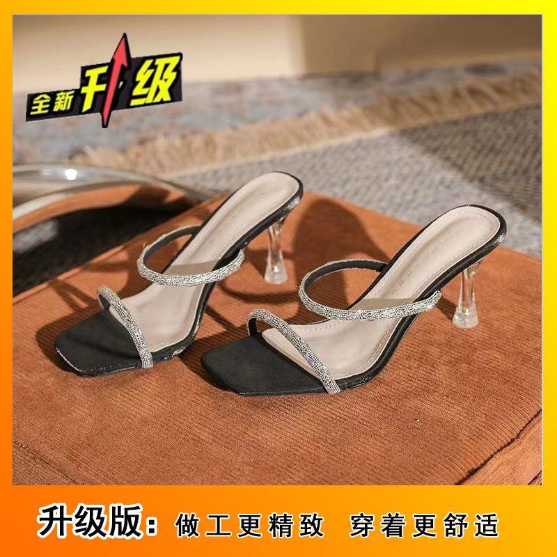 

Rhinestone sandals women s thin heels crystal high heels 2024 summer new open-toe word with cool slippers outside wearing fairy style 34