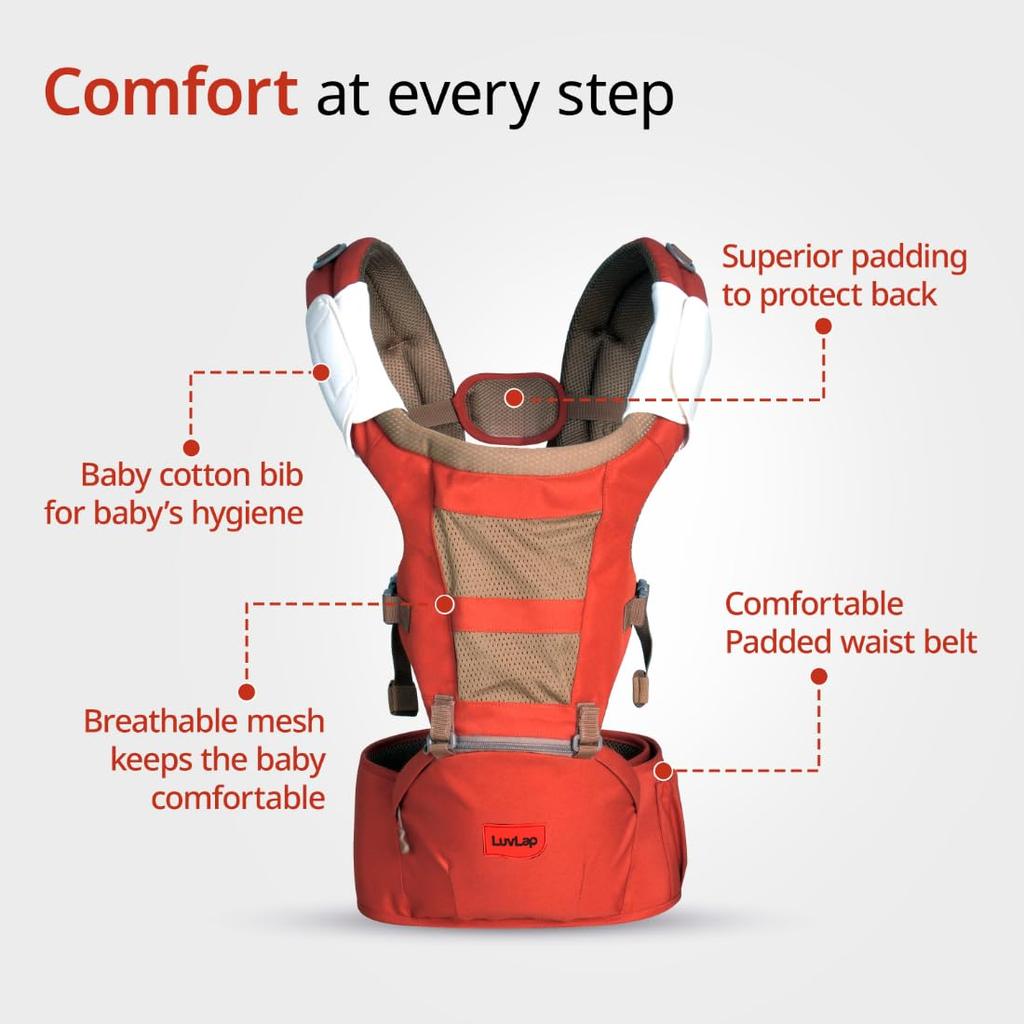 LuvLap Royal Hüftsitz Babytrage 4 Positionen Ergonomisches Design Verstellbare Träger Atmungsaktives Netz Für 6-24 Monate Orange