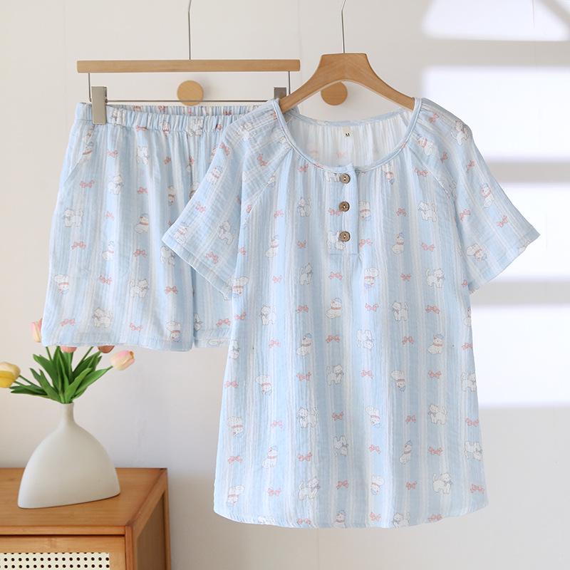 Damski letni zestaw piżamowy z czystej bawełny - Słodki, Przewiewny, Krótki rękaw i Szorty