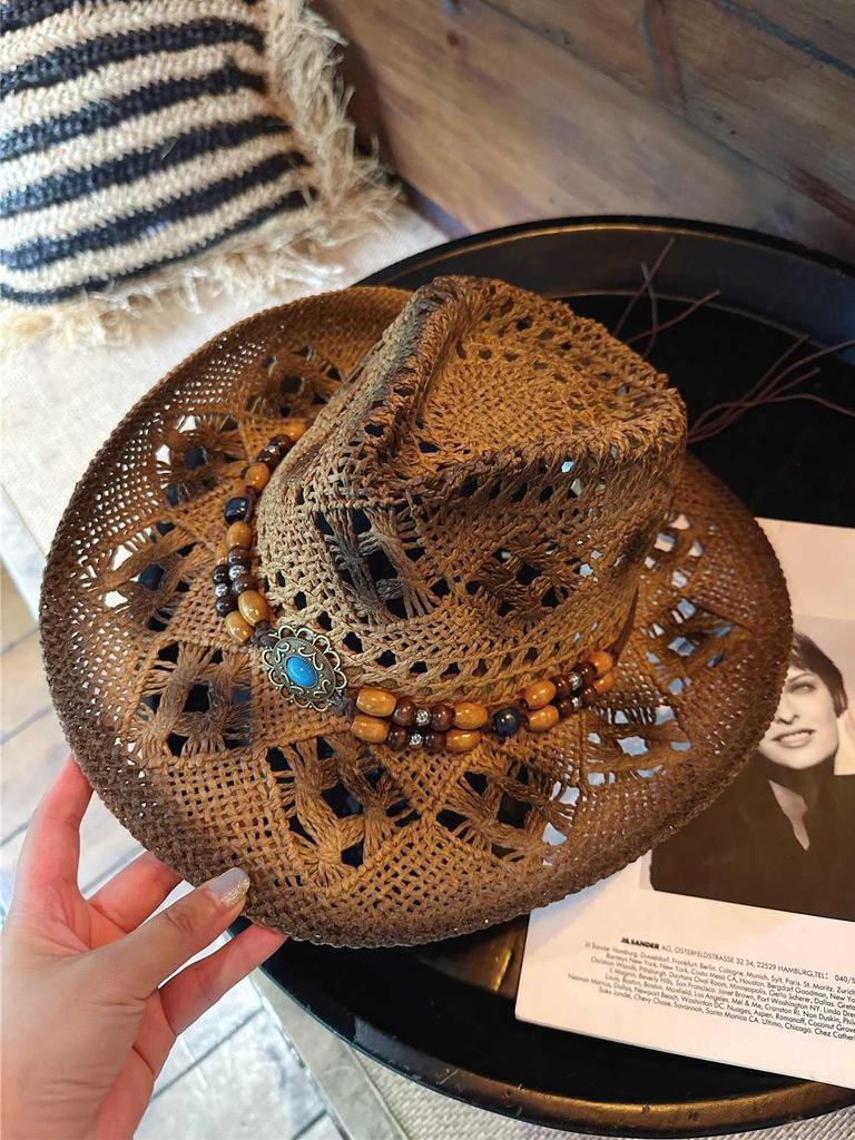 Straw Hat Women Men Summer Handmade Vintage Hollow Western Brim Sun Protection Fisherman Mountaineering Bohemian Chain Jewel
