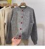 Women's Retro Dark Gray Wool Cardigan - Autumn/Winter, Soft & Warm with Love Button Raglan Sleeves