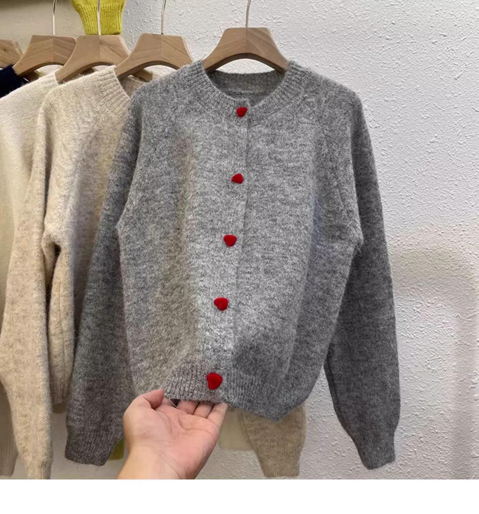 Women's Retro Dark Gray Wool Cardigan - Autumn/Winter, Soft & Warm with Love Button Raglan Sleeves
