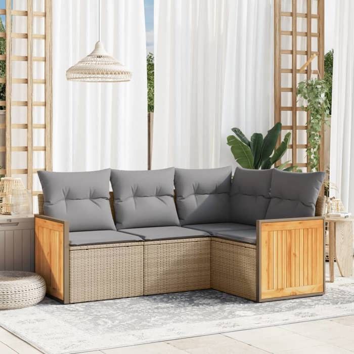VidaXL Salon de Jardin avec Coussins 4 pcs, Canapés de Terrasse, Ensemble de Meubles de Patio, Mobilier d'Extérieur, Beige 3227613