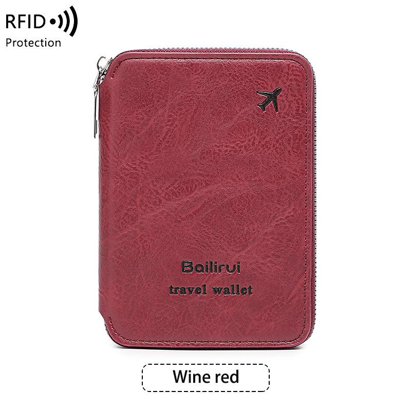 

Cross-border RFID Passport and Document Bag with Coin Purse - Travel Zipper Bag for Men and Women вино красного