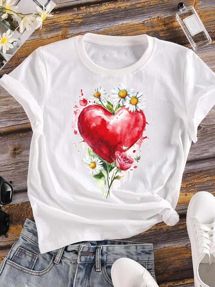 (Asian Size)  Tee Women Clothing Flower Lovely Trend Cute Casual Top Short Sleeve T Shirt Fashion Print Lady Female Graphic T-shirts