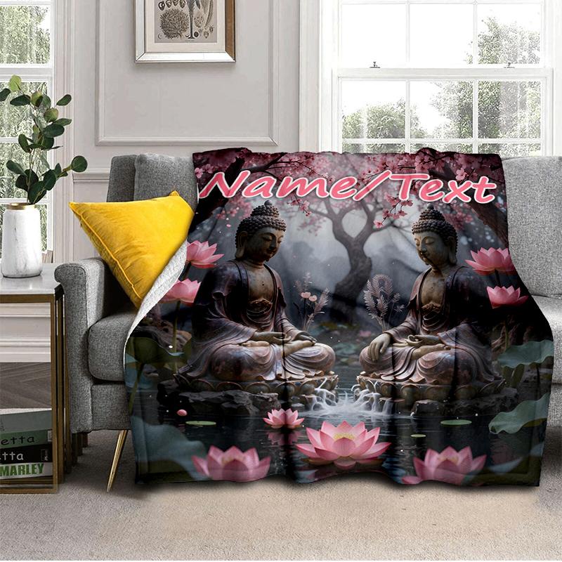 1PC Custom Name Buddha Meditation Garden Outdooor Flannel Blankets Throw Blanket All-Season Throw Gift Bedspread for Couch, Bed, Camping Holiday Birth