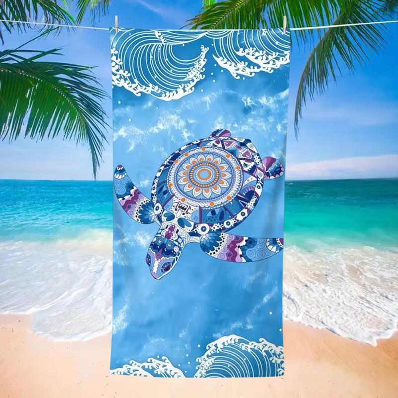 Serviette de Plage Bohème Ethnique Tortue de Mer Séchage Rapide Sans Sable Couverture de Plage Impression Vagues de l'Océan Serviette de Voyage Douce Légère