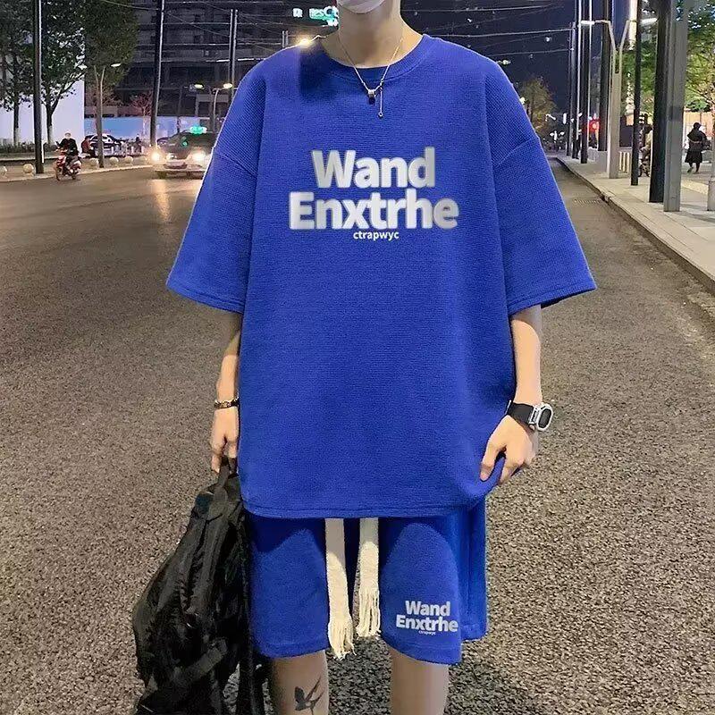 

Летние молодежные повседневные шорты и костюм с коротким рукавом - свободный крой для мужчин, большой размер для учеников младших классов M синий