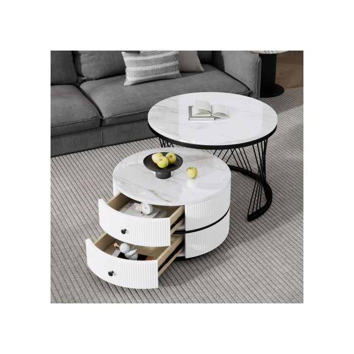 Nesting Coffee Table Set - MUVOE - Polished Marble - 2 Drawers - White - 60x60cm and 50x50cm