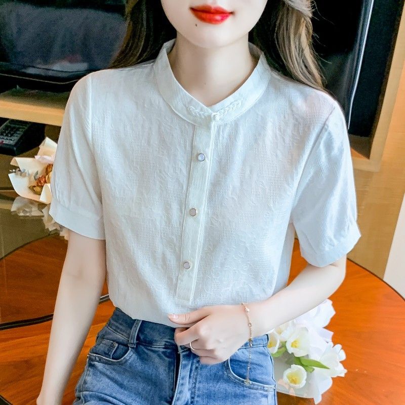 Summer Women's Stand-up Collar Pure Cotton Shirt for Women's Fashionable Cotton Vintage Jacquard Pullover Thin Top