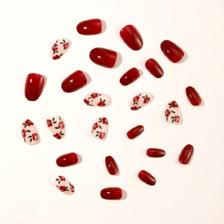 24Pcs Short Almond Press on Nail with Floral Designs Full Cover Stick on Nail Fashion Nail Art for Spring and Summer