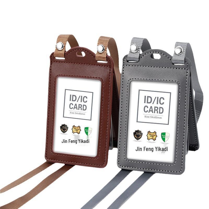 Genuine Leather Work ID Holder with Lanyard, Four Card Slots, Employee Badge Neck Strap.