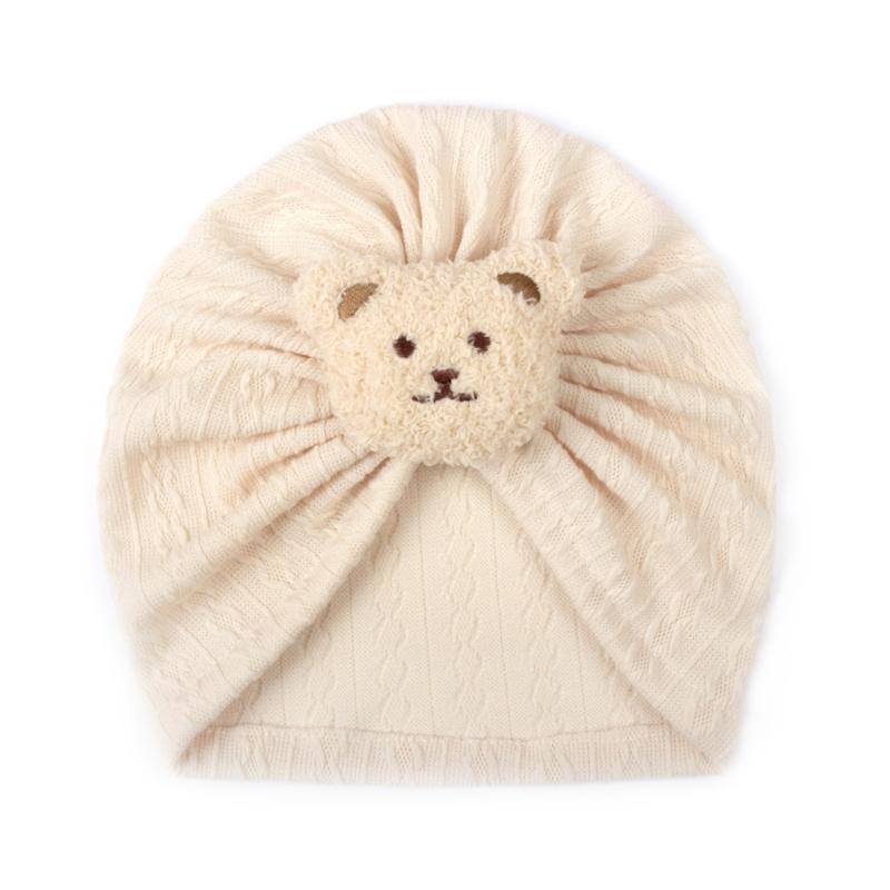 Solid Turban Hat Baby Beanies Caps Headwrap with Cute Bear Charm for 0-2 Years Baby Girls Infants Toddlers Pullover Hat