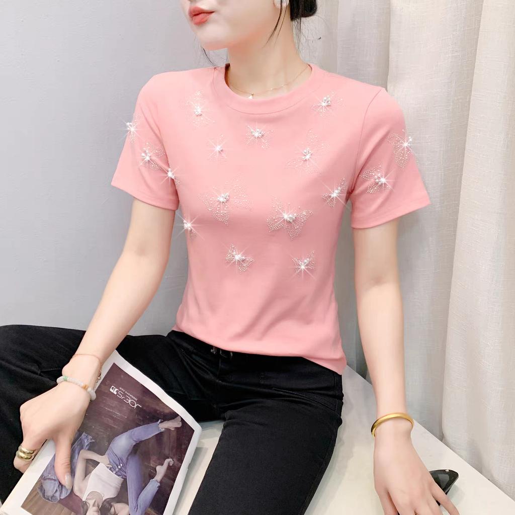 Summer New Fashion Women 100% Cotton Beading Butterfly Designer T-Shirts Short Sleeve Tees Casual Female Tops Shirts