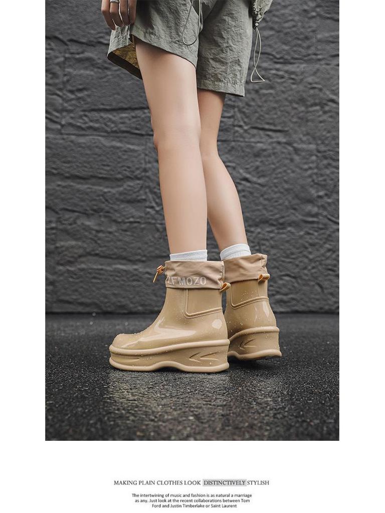 Women's Waterproof Thick-Soled Drawstring Rain Boots - Short, Height-Boosting Rubber Shoes for Outdoor and Kitchen Use