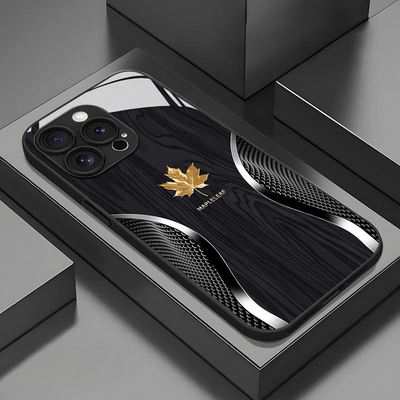 Luxury Maple Leaf Wood Grain Curve Pattern Glass Phone Case For iPhone 17 16 15 14 Pro Max 13 12 11 16E 17Air 7 Plus XS X Cover