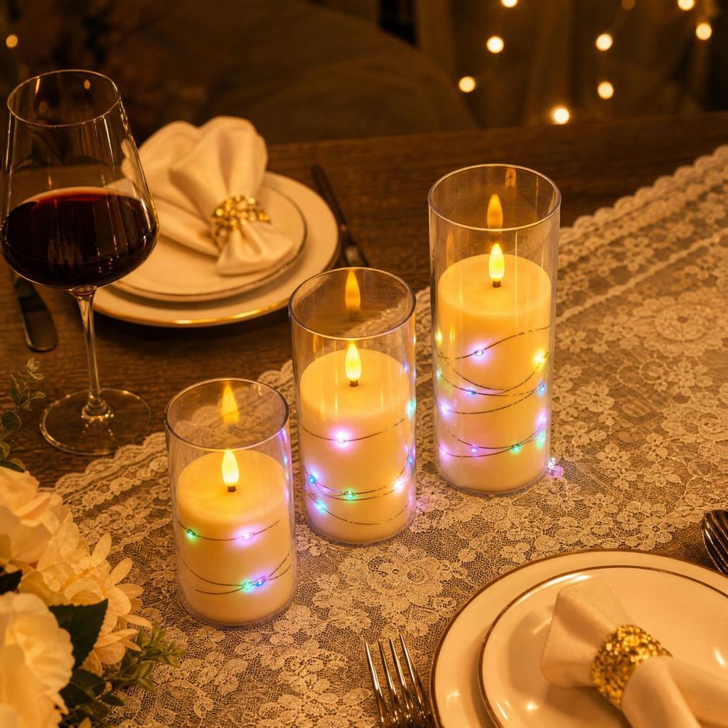Flameless Candles with String Lights for Wedding Party Table Decor, Simulated Flickering Flame Ornaments for Home and Event
