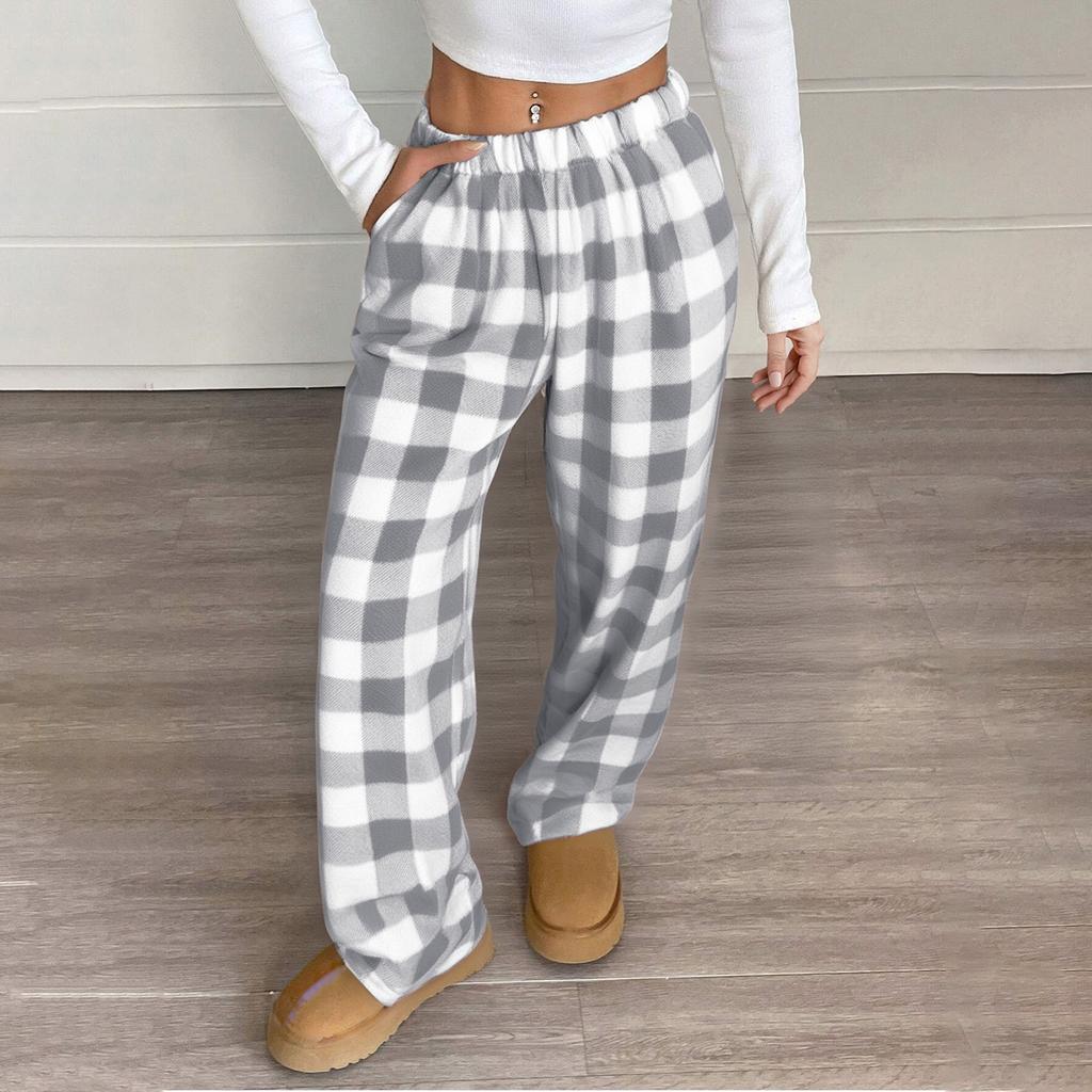 Women’s Plaid Pattern Loose Fit Lounge Pants with Elastic Waistband and Side Pockets for Daily Wear and Relaxation