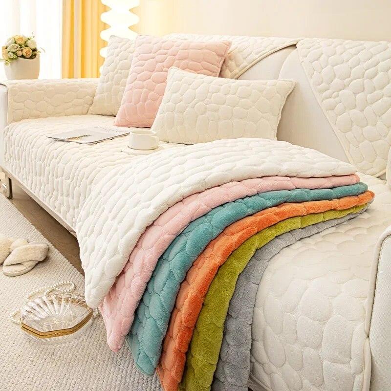 Winter Warm Sofa Covers Non-slip Soft Velvet Sofa Cushion Mat Slipcovers Solid Cobblestone Universal Couch Towels Living Room