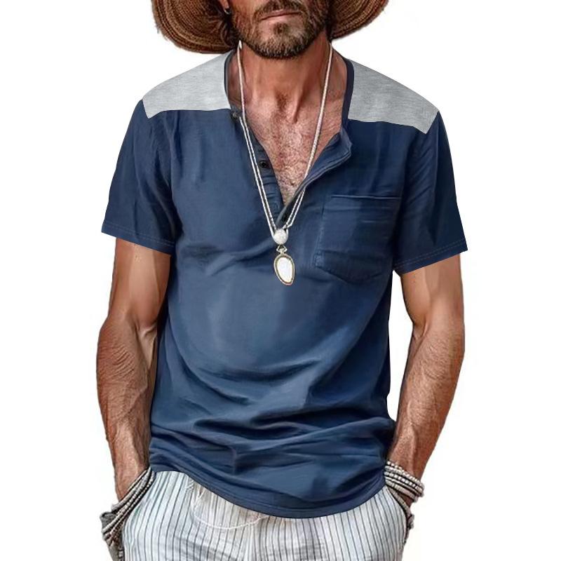 Men's Short-sleeved V-neck Button-up Large-sized T-shirt