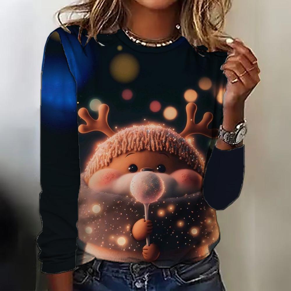 Winter New Christmas Women Autumn T-Shirts O-Neck Long Sleeve Snowman Print Tops Fashion Casual Loose Office Ladies T-Shirts
