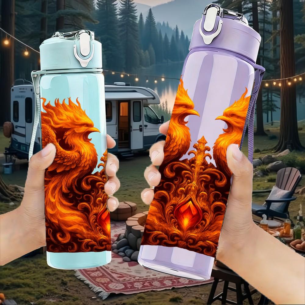 1PC Dual Phoenix Fire Bird Creature Print 750ml Color Plastic Sports Water Bottle Leakproof Flip Straw Lid Suitable for Sports Office Home Use