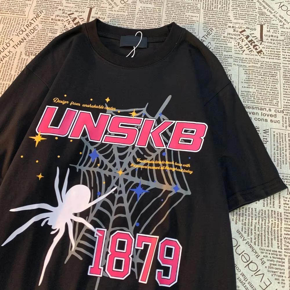 Knitted Love American Retro Spider Print Short Sleeve T-shirt Men Women Trendy Cotton Loose Versatile Couple Tops T Shirt