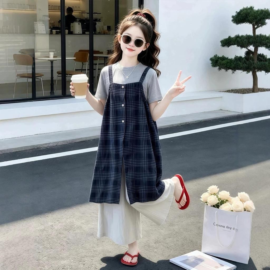 Mädchen Sommer-Akademie-Karomuster Dreiteiler im koreanischen Stil