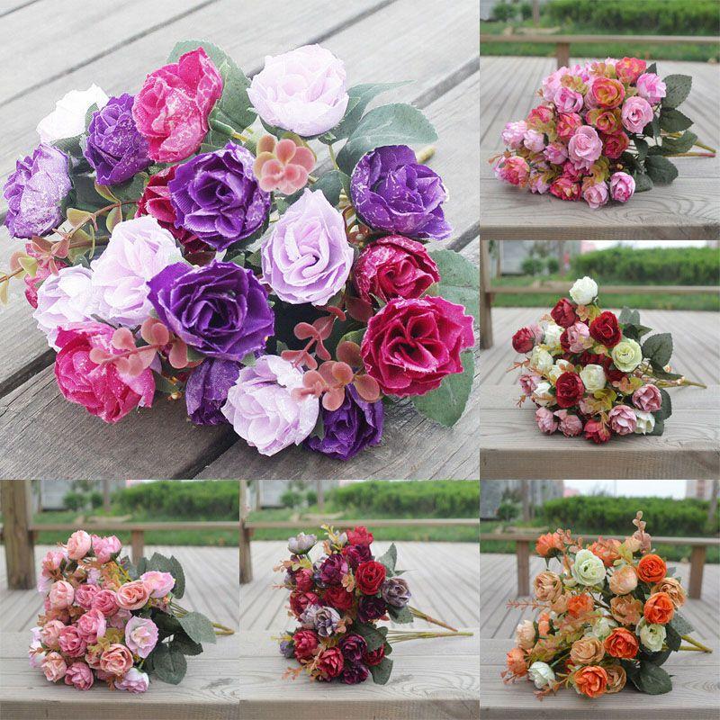 Heads 21 Artificial Silk Flowers Rose Bunch Bouquet Wedding Home Decor Outdoor