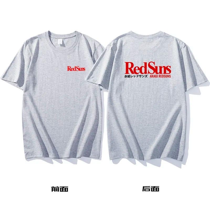 Initial D Akagi RedSuns Wit Katoen Casual T-shirt met Klassiek Teamlogo Opdrukken Voor en Achter T-shirts