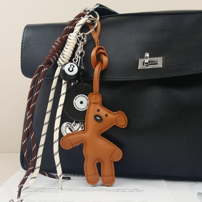 New Cartoon Bean Bear Bag Pendant Leather Teddy Bear Keychain Black Eight Braided Rope Pendant