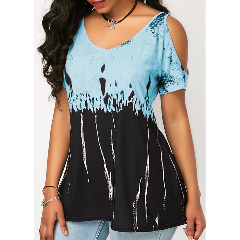 

Size Plus Women Tshirt Cold Shoulder Tops Summer Blouse Casual Shirts Loose 5XL синій