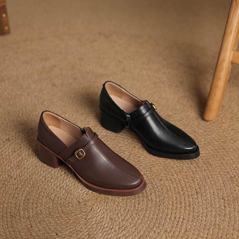 Krazing Pot Cow Skin Autumn Winter Shoes Chunky Heels Size 43 Size 42 Round Toe Zipper Deep Mouth Retro Fashion Pumps