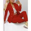 VEZFAA Women's Fashion Casual Spring Autumn Solid Color Print Long Sleeve POLO Neck Trousers Pants Suits