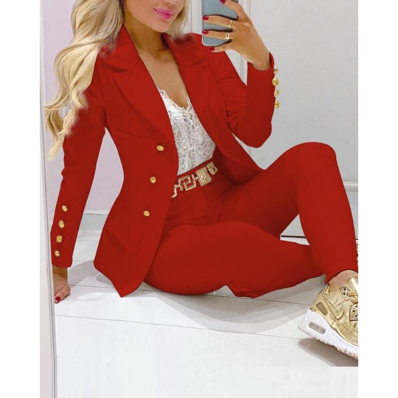 VEZFAA Women's Fashion Casual Spring Autumn Solid Color Print Long Sleeve POLO Neck Trousers Pants Suits