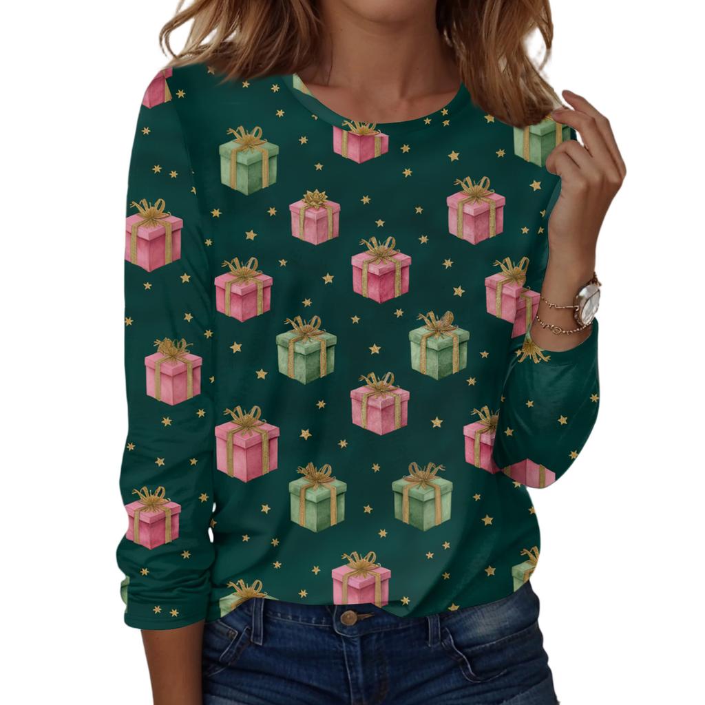 Women's Fashion Casual H Printed V-Neck Long Sleeve Decorative Button T-Shirt Tops