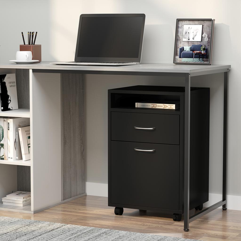 Filing Cabinet, Mobile File Cabinet with 2 Drawers, Office Home Organiser On Wheels for A4, Letter-Size File Folders, Mobile Printer with Open Shelf