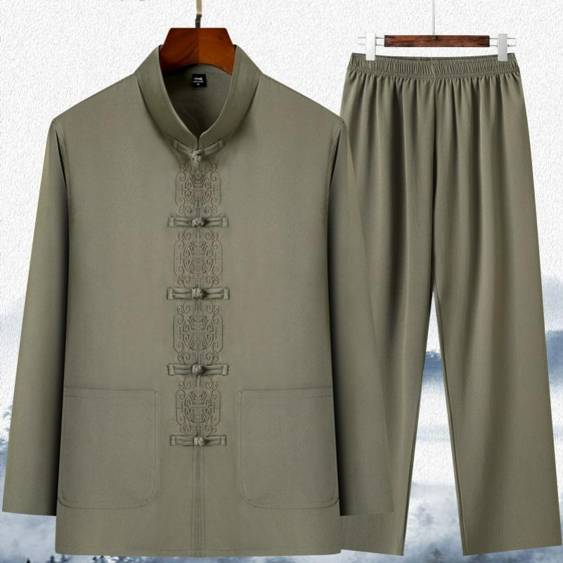 Tang Suit Men's Long-sleeved Chinese Hanfu Spring and Summer Dad Shirt Grandpa Shirt Tai Chi Suit