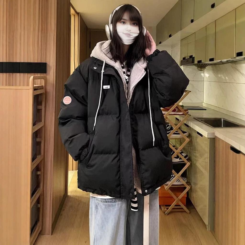 Fake two pieces of fluffy pink cotton clothes women's short hooded women's winter thickened cotton clothes lamb wool splicing jacket