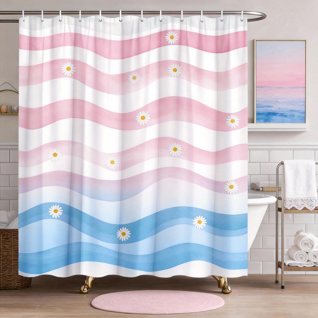 Wave Shower Curtain Teal Aqua Watercolor Stripes Polyester Bath Curtain with Hooks for Modern Minimalist Decor