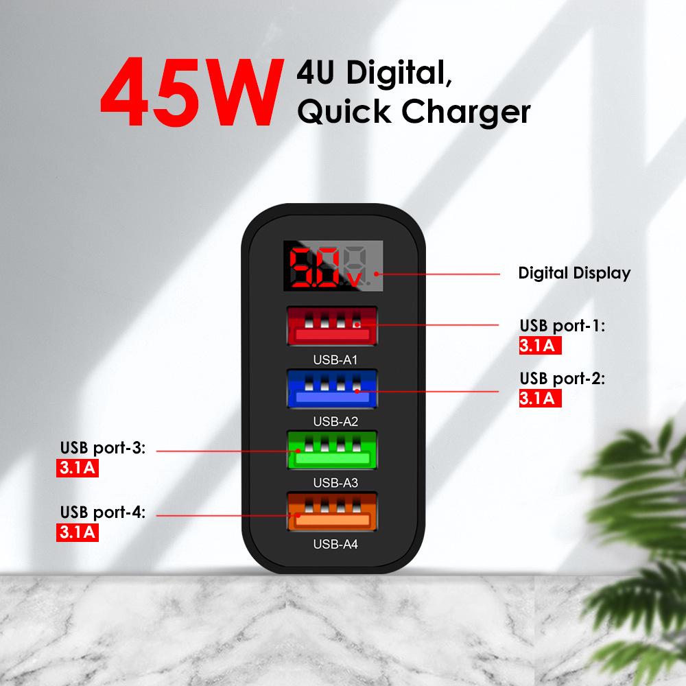 45W Multi-Port USB Charger with Digital Display - 3.1A, EU/US/UK Plug